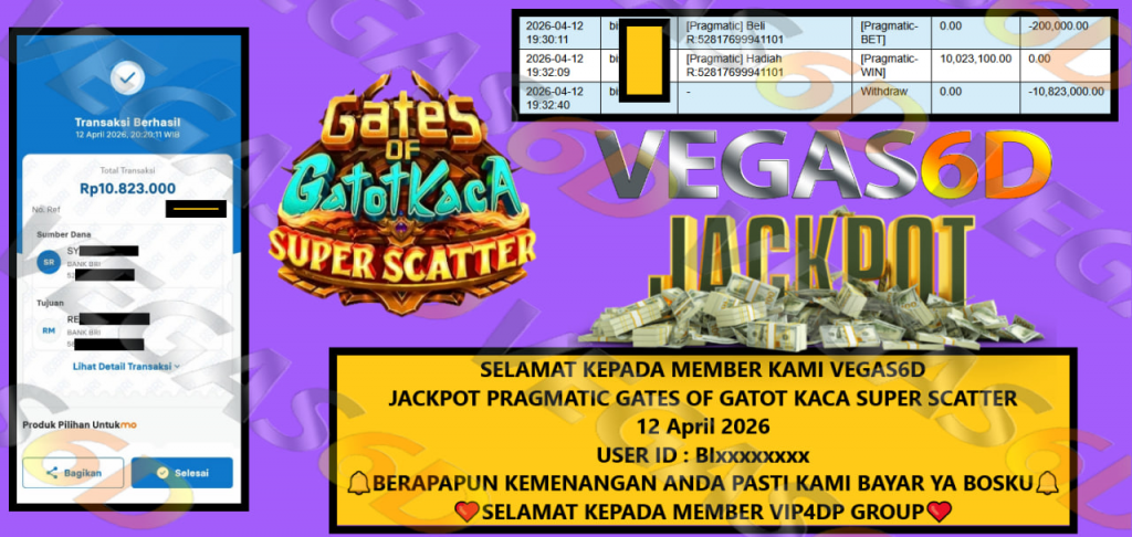 VEGAS6D JACKPOT PRAGMATIC GATES OF GATOT KACA SUPER SCATTER Rp 10.823.000,- LUNAS