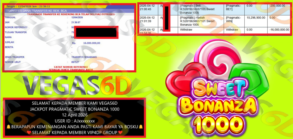VEGAS6D JACKPOT PRAGMATIC SWEET BONANZA 1000 Rp 16.000.000,- LUNAS
