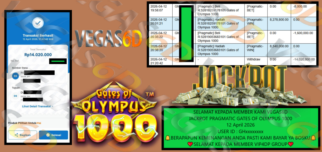 VEGAS6D JACKPOT PRAGMATIC GATES OF OLYMPUS 1000 Rp 14.020.000,- LUNAS