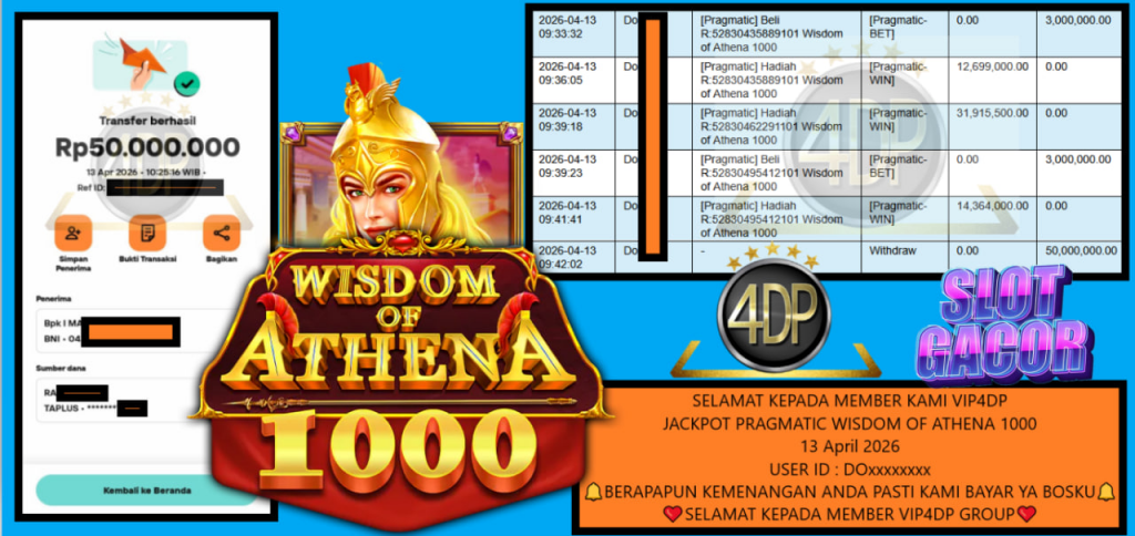 VIP4DP JACKPOT PRAGMATIC WISDOM OF ATHENA 1000 Rp 50.000.000,- LUNAS