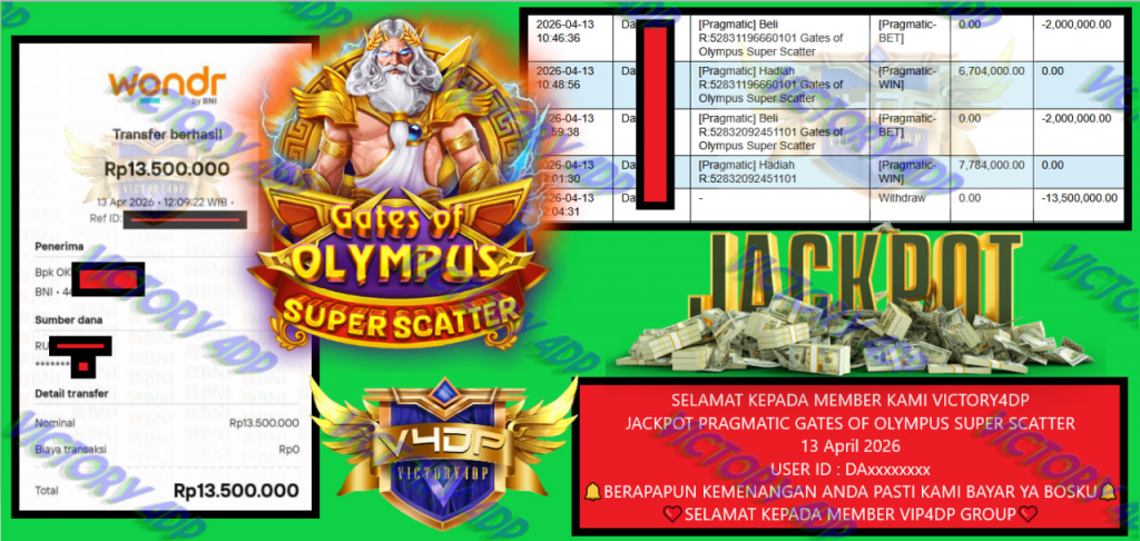 VICTORY4DP JACKPOT PRAGMATIC GATES OF OLYMPUS SUPER SCATTER Rp 13.500.000,- LUNAS
