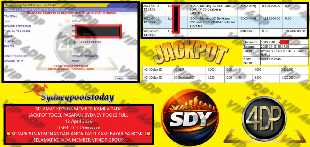 VIP4DP JACKPOT TOGEL PASARAN SYDNEY POOLS FULL Rp 10.700.000,- LUNAS