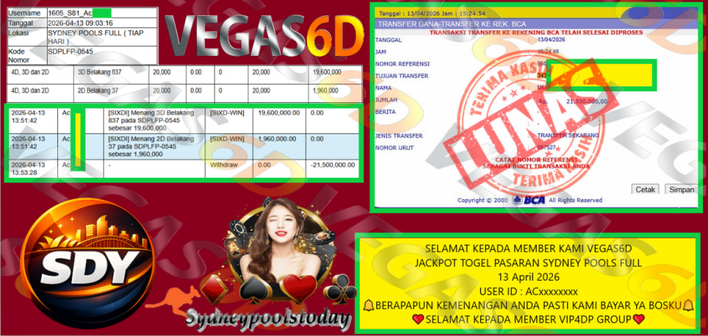 VEGAS6D JACKPOT TOGEL PASARAN SYDNEY POOLS FULL Rp 21.500.000,- LUNAS