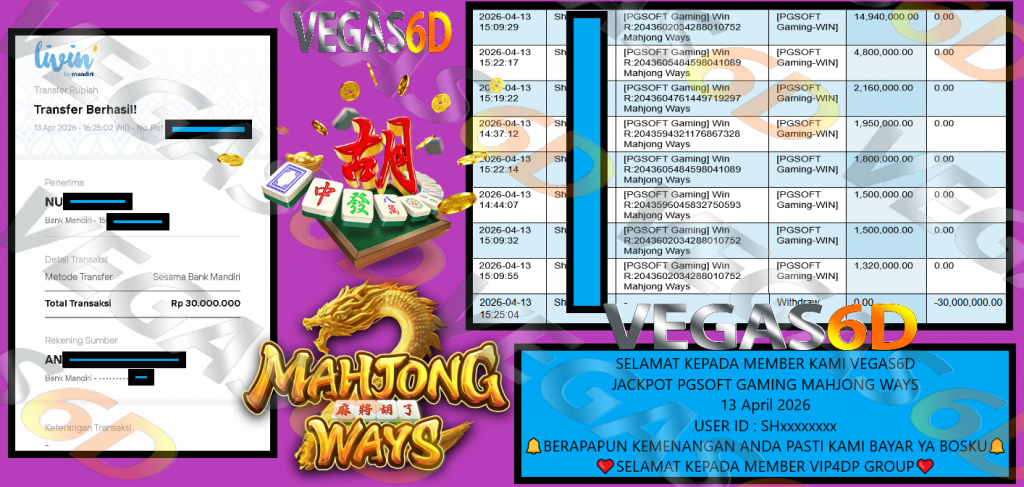 VEGAS6D JACKPOT PGSOFT GAMING MAHJONG WAYS Rp 30.000.000,- LUNAS