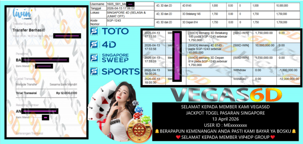VEGAS6D JACKPOT TOGEL PASARAN SINGAPORE Rp 12.000.000,- LUNAS