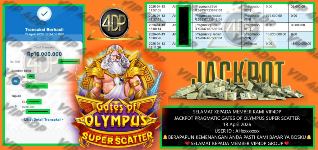 VIP4DP JACKPOT PRAGMATIC GATES OF OLYMPUS SUPER SCATTER Rp 16.000.000,- LUNAS