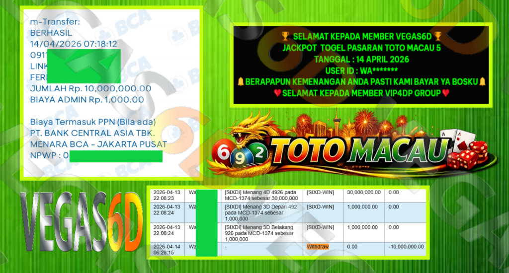 VEGAS6D JACKPOT TOGEL PASARAN TOTO MACAU 5 Rp.10.000.000,- LUNAS