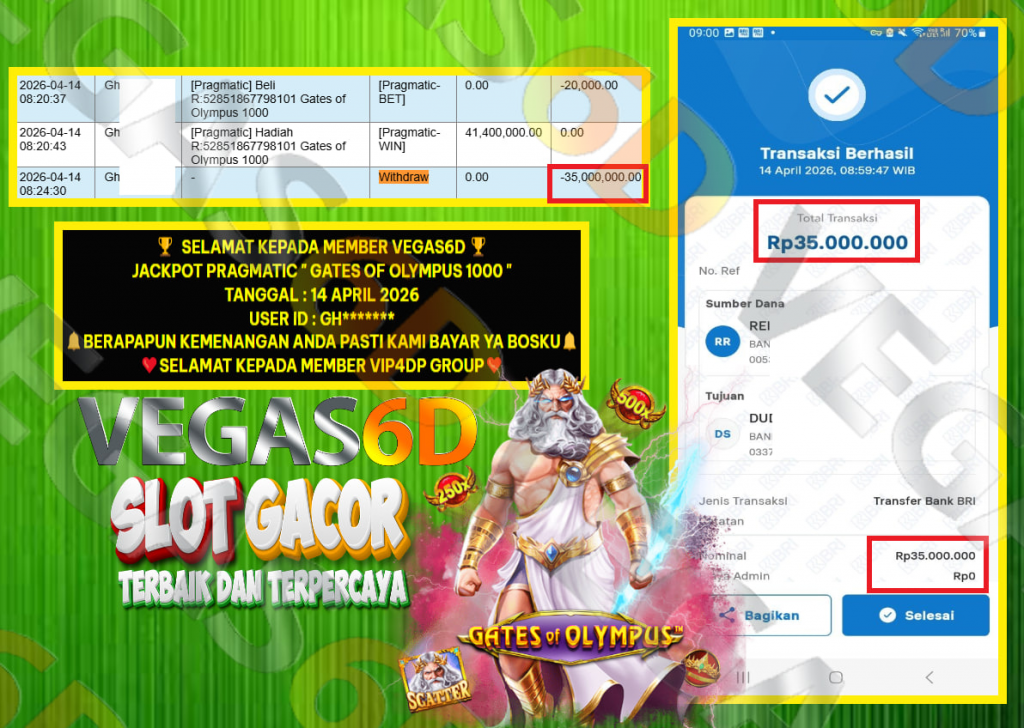 VEGAS6D JACKPOT PRAGMATIC ” GATES OF OLYMPUS 1000 ” Rp.35.000.000,- LUNAS