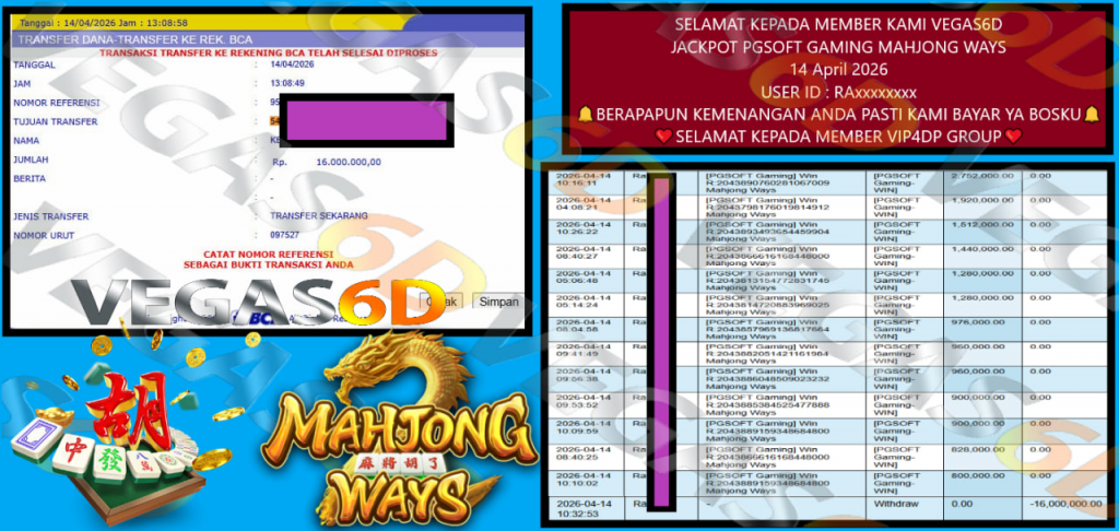 VEGAS6D JACKPOT PGSOFT GAMING MAHJONG WAYS Rp 16.000.000,- LUNAS