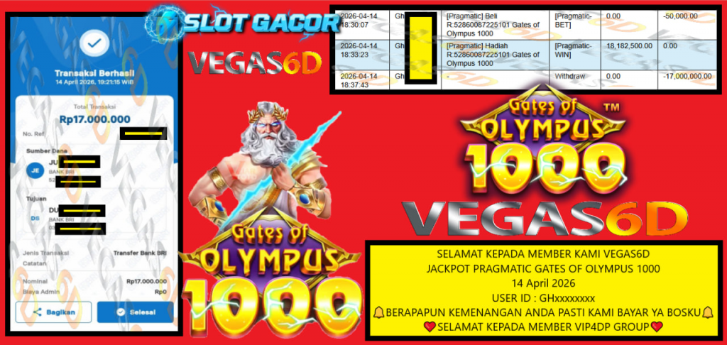 VEGAS6D JACKPOT PRAGMATIC GATES OF OLYMPUS 1000 Rp 17.000.000,- LUNAS