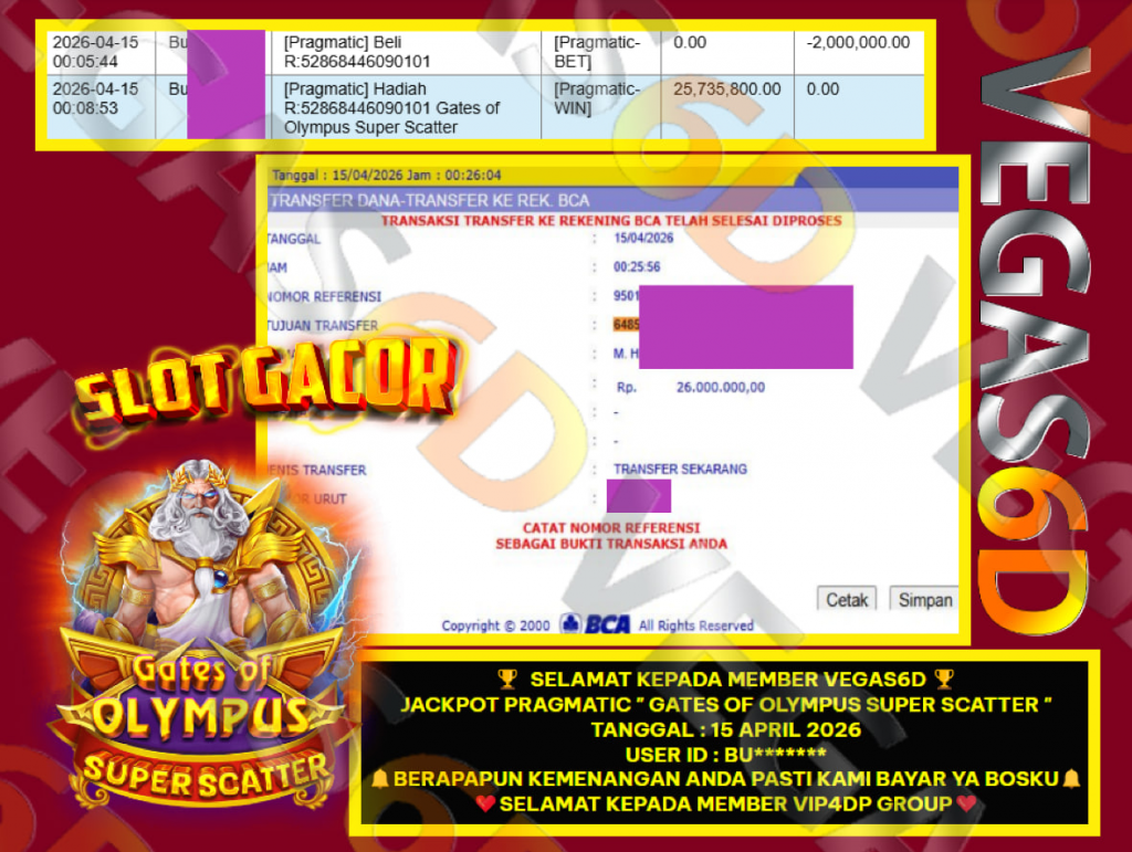 VEGAS6D JACKPOT PRAGMATIC ” GATES OF OLYMPUS SUPER SCATTER ” Rp.26.000.000,- LUNAS