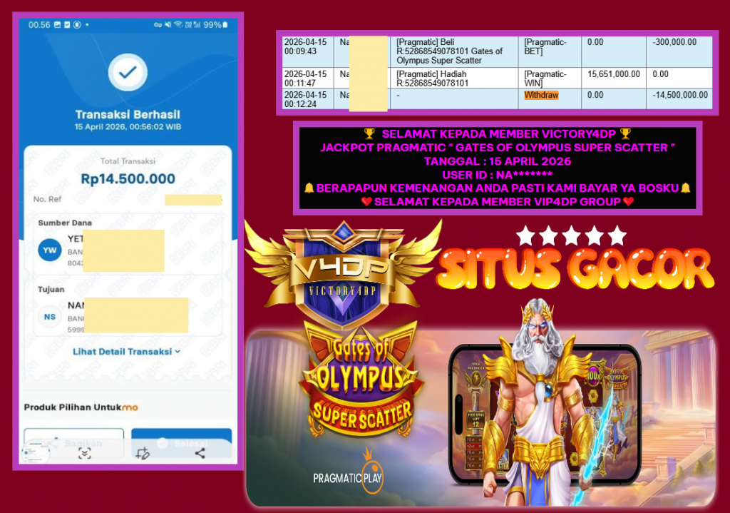 VICTORY4DP JACKPOT PRAGMATIC ” GATES OF OLYMPUS SUPER SCATTER ” Rp.14.500.000,- LUNAS