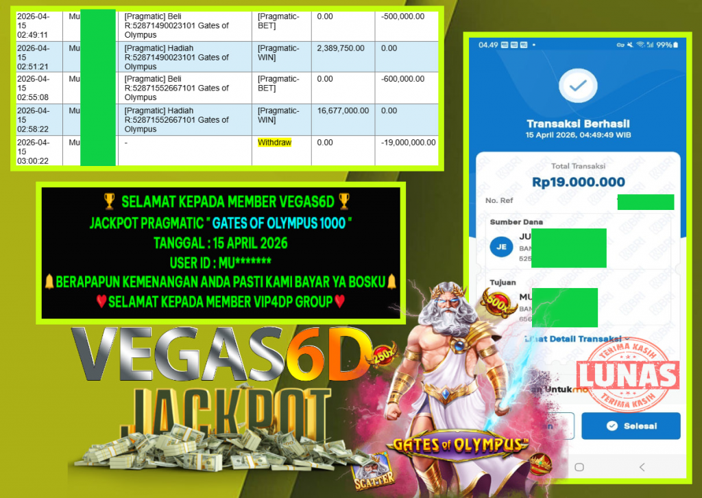 VEGAS6D JACKPOT PRAGMATIC ” GATES OF OLYMPUS 1000 ” Rp.19.000.000,- LUNAS