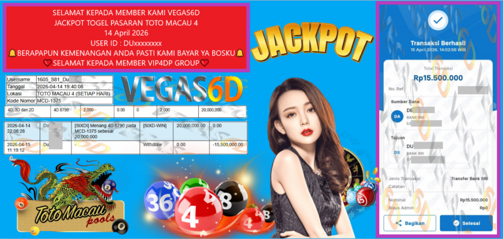VEGAS6D JACKPOT TOGEL PASARAN TOTO MACAU 4 Rp 15.000.000,- LUNAS