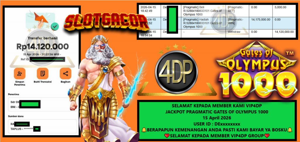 VIP4DP JACKPOT PRAGMATIC GATES OF OLYMPUS 1000 Rp 14.120.000,- LUNAS