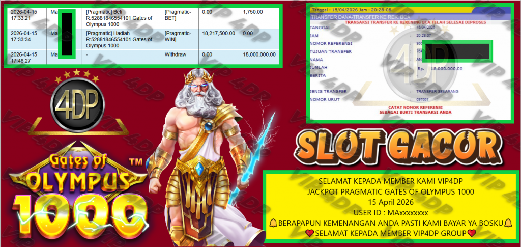 VIP4DP JACKPOT PRAGMATIC GATES OF OLYMPUS 1000 Rp 18.000.000,- LUNAS