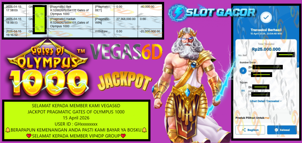 VEGAS6D JACKPOT PRAGMATIC GATES OF OLYMPUS 1000 Rp 25.000.000,- LUNAS
