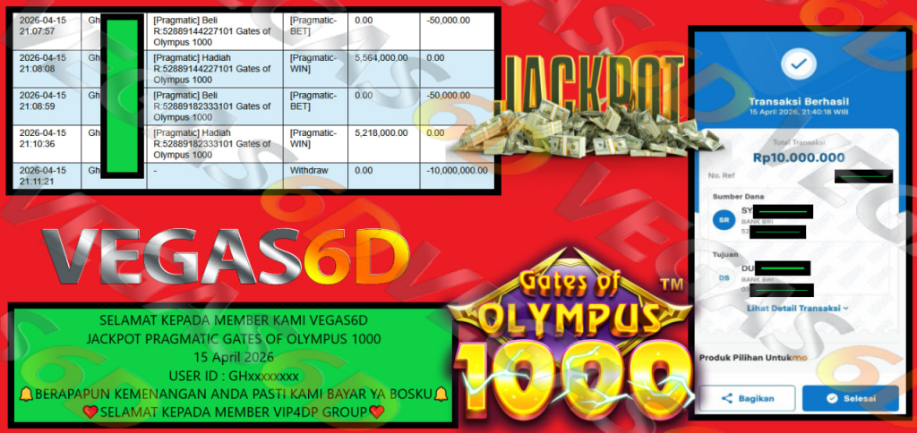 VEGAS6D JACKPOT PRAGMATIC GATES OF OLYMPUS 1000 Rp 10.000.000,- LUNAS