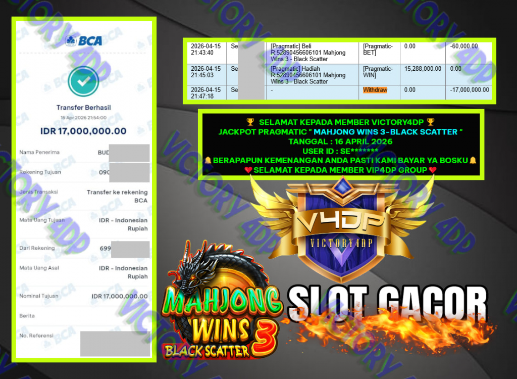 VICTORY4DP JACKPOT PRAGMATIC ” MAHJONG WINS 3-BLACK SCATTER ” Rp.17.000.000,- LUNAS