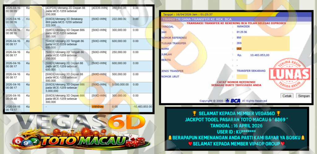 VEGAS6D JACKPOT TOGEL PASARAN TOTO MACAU 5 ” 8869 ” Rp.10.483.853,- LUNAS