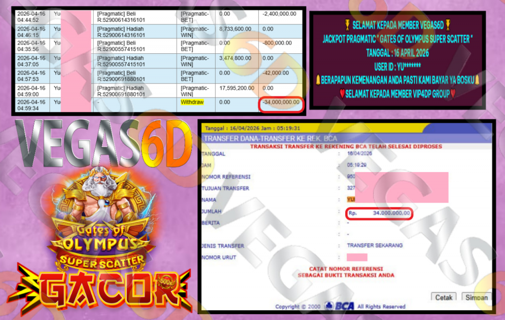 VEGAS6D JACKPOT PRAGMATIC ” GATES OF OLYMPUS SUPER SCATTER ” Rp.34.000.000,- LUNAS
