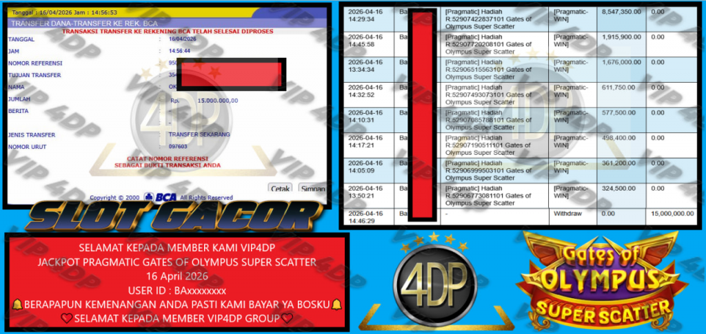 VIP4DP JACKPOT PRAGMATIC GATES OF OLYMPUS SUPER SCATTER Rp 15.000.000,- LUNAS