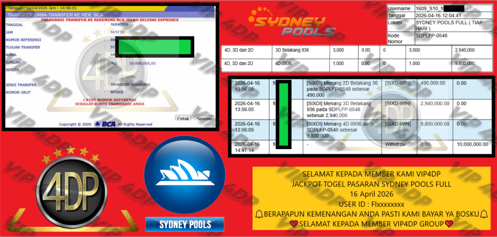 VIP4DP JACKPOT TOGEL PASARAN SYDNEY POOLS FULL Rp 10.000.000,- LUNAS