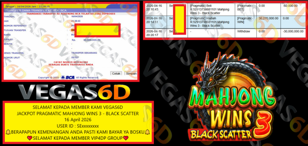 VEGAS6D JACKPOT PRAGMATIC MAHJONG WINS 3 – BLACK SCATTER Rp 30.000.000,- LUNAS