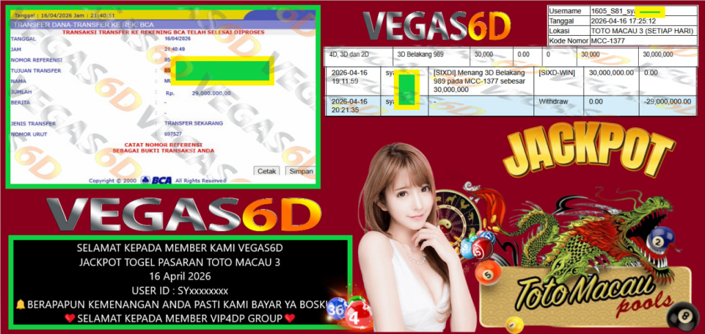 VEGAS6D JACKPOT TOGEL PASARAN TOTO MACAU 3 Rp 29.000.000,- LUNAS
