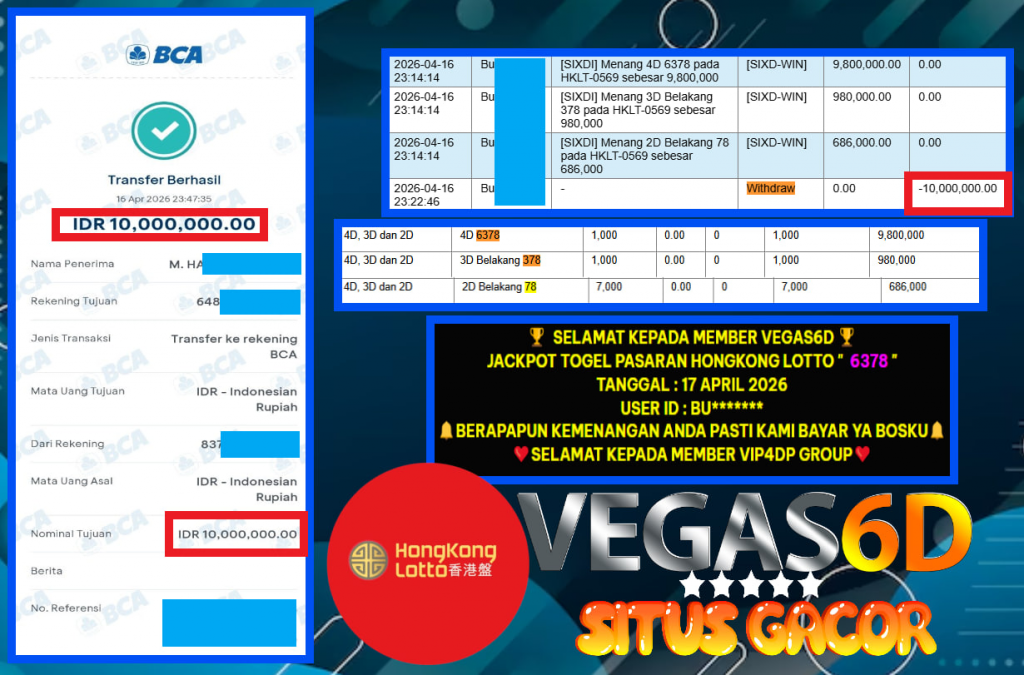 VEGAS6D JACKPOT TOGEL PASARAN HONGKONG LOTTO ” 6378 ” Rp.10.000.000,- LUNAS