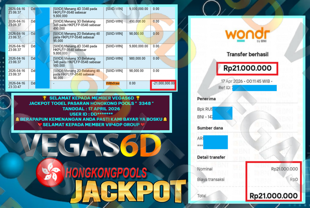 VEGAS6D JACKPOT TOGEL PASARAN HONGKONG POOLS ” 3348 ” Rp.21.000.000,- LUNAS