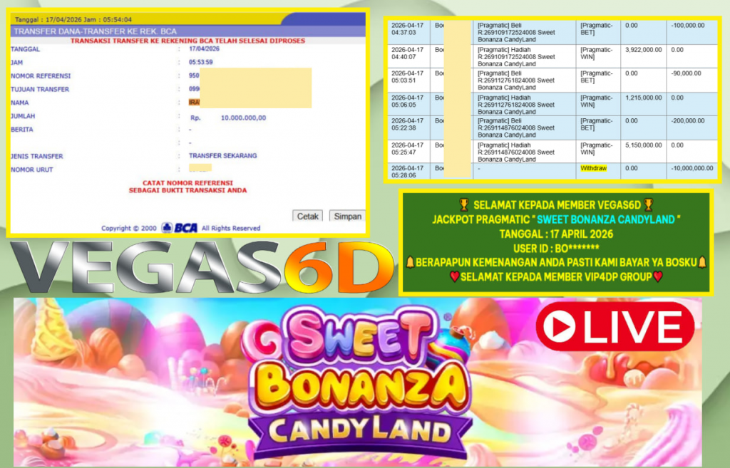 VEGAS6D JACKPOT PRAGMATIC ” SWEET BONANZA CANDYLAND ” Rp.10.000.000,- LUNAS