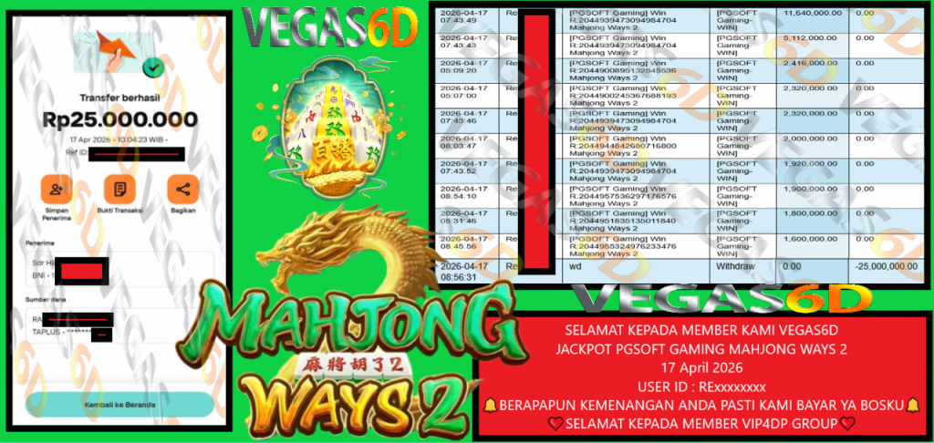 VEGAS6D JACKPOT PGSOFT GAMING MAHJONG WAYS 2 Rp 25.000.000,- LUNAS
