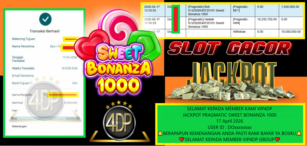 VIP4DP JACKPOT PRAGMATIC SWEET BONANZA 1000 Rp 10.000.000,- LUNAS