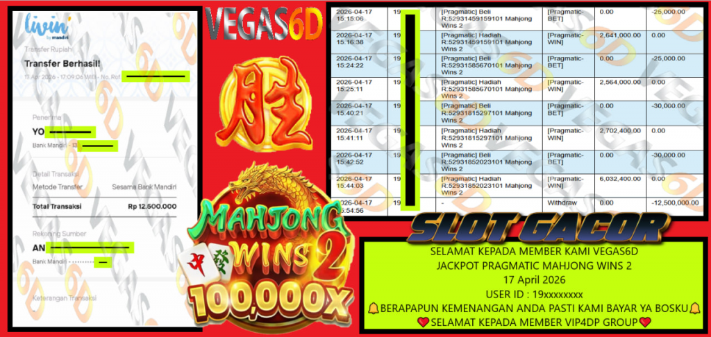 VEGAS6D JACKPOT PRAGMATIC MAHJONG WINS 2 Rp 12.500.000,- LUNAS