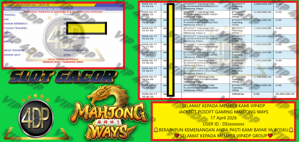 VIP4DP JACKPOT PGSOFT GAMING MAHJONG WAYS Rp 20.000.000,- LUNAS