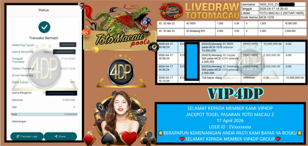 VIP4DP JACKPOT TOGEL PASARAN TOTO MACAU 2 Rp 12.000.000,- LUNAS
