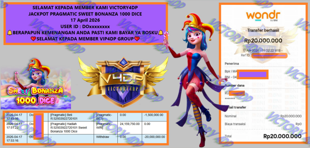 VICTORY4DP JACKPOT PRAGMATIC SWEET BONANZA 1000 DICE Rp 20.000.000,- LUNAS