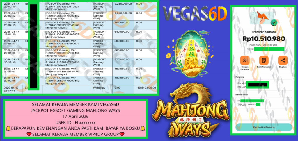 VEGAS6D JACKPOT PGSOFT GAMING MAHJONG WAYS Rp 10.510.980,- LUNAS