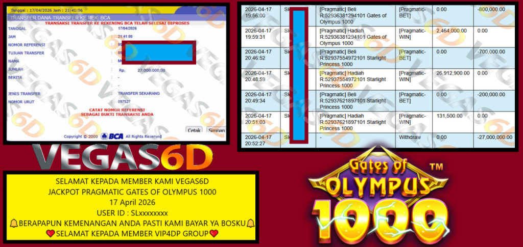 VEGAS6D JACKPOT PRAGMATIC GATES OF OLYMPUS 1000 Rp 27.000.000,- LUNAS