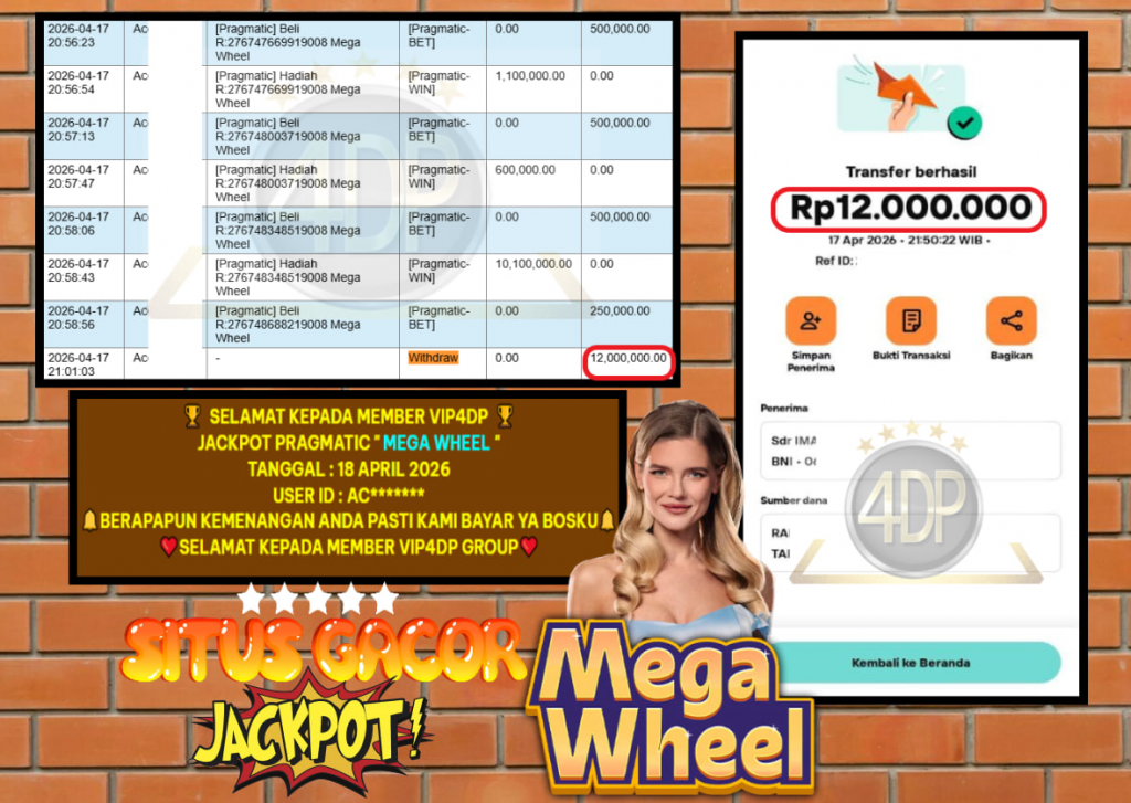 VIP4DP JACKPOT PRAGMATIC ” MEGA WHEEL ” Rp 12.000.000,- LUNAS