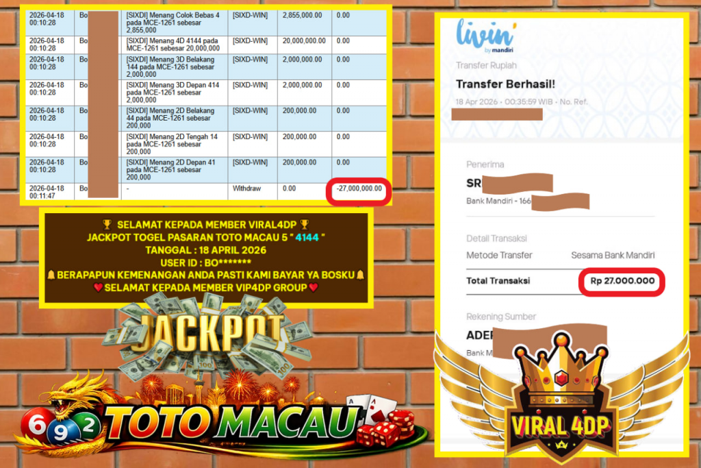 VIRAL4DP JACKPOT TOGEL PASARAN TOTO MACAU 5 ” 4144 ” Rp 27.000.000,- LUNAS