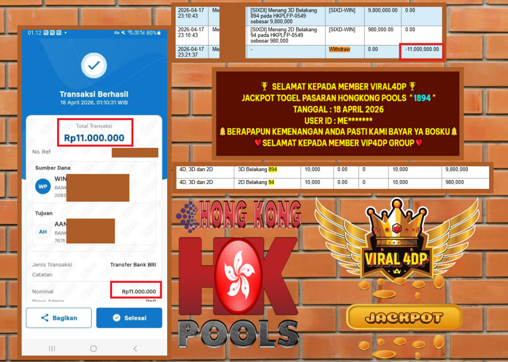 VIRAL4DP JACKPOT TOGEL PASARAN HONGKONG POOLS ” 1894 ” Rp 11.000.000,- LUNAS