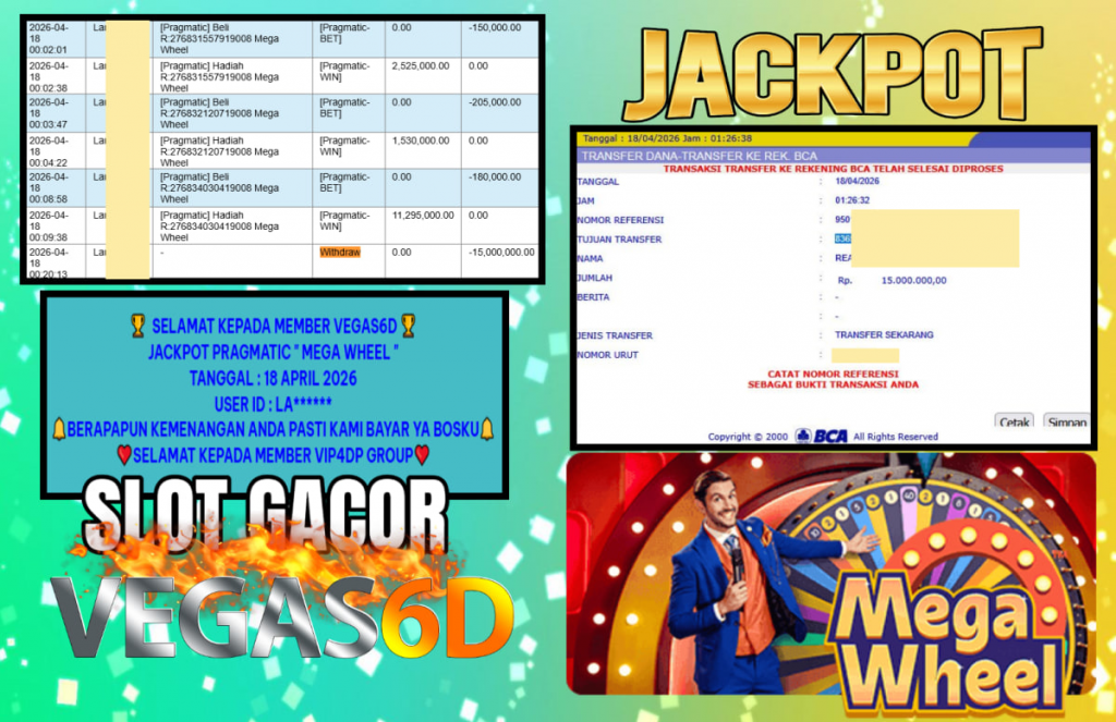 VEGAS6D JACKPOT PRAGMATIC ” MEGA WHEEL ” Rp 15.000.000,- LUNAS