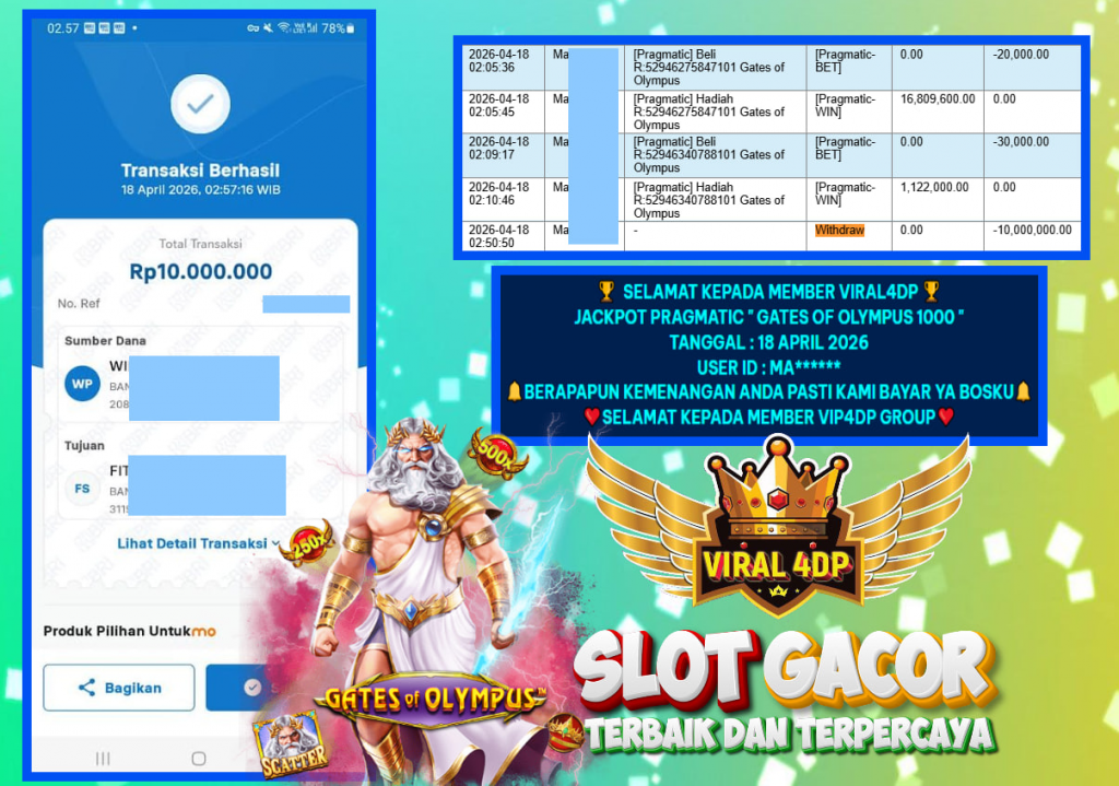 VIRAL4DP JACKPOT PRAGMATIC ” GATES OF OLYMPUS 1000 ” Rp.10.000.000,- LUNAS