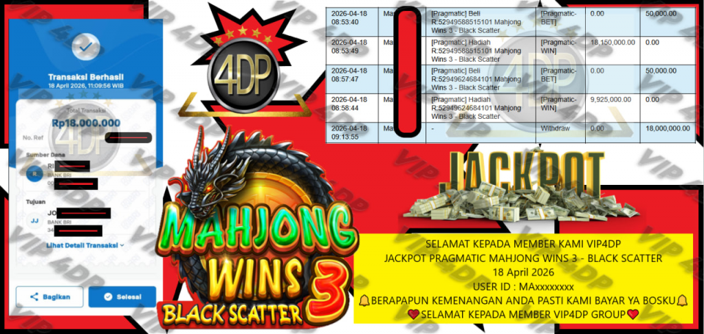 VIP4DP JACKPOT PRAGMATIC MAHJONG WINS 3 – BLACK SCATTER Rp 18.000.000,- LUNAS