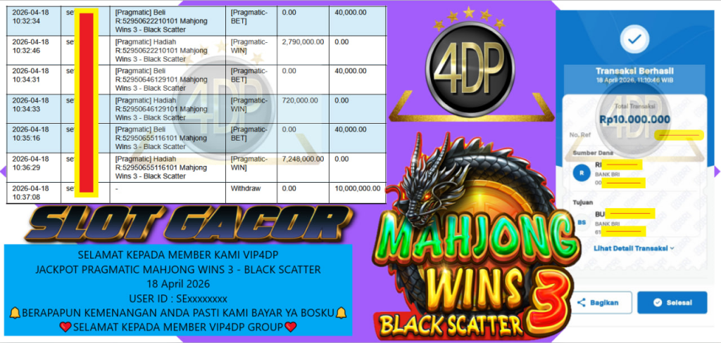 VIP4DP JACKPOT PRAGMATIC MAHJONG WINS 3 – BLACK SCATTER Rp 10.000.000,- LUNAS