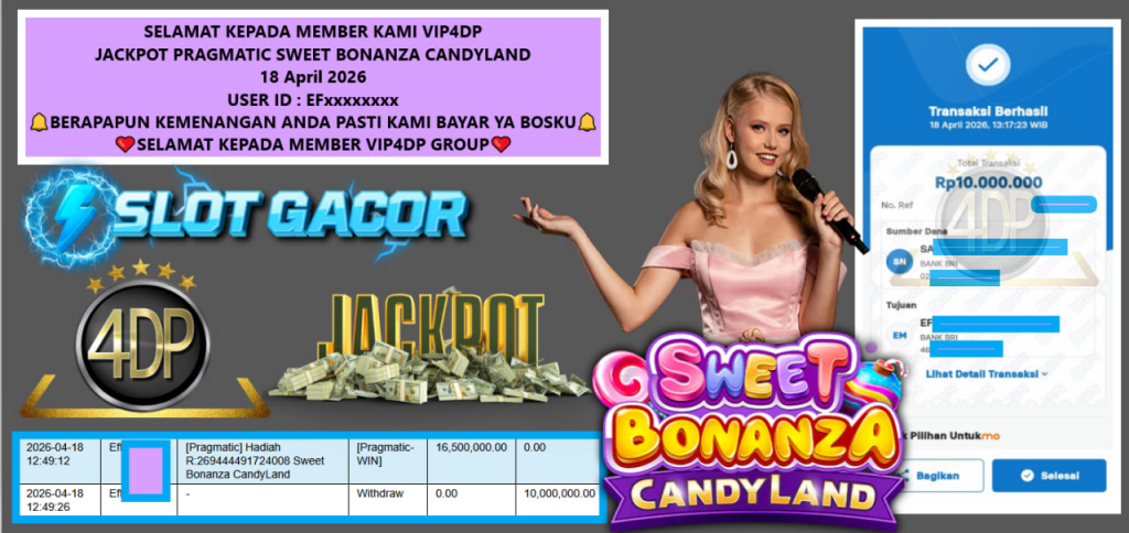 VIP4DP JACKPOT PRAGMATIC SWEET BONANZA CANDYLAND Rp 10.000.000,- LUNAS