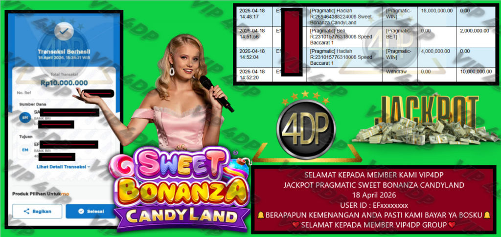 VIP4DP JACKPOT PRAGMATIC SWEET BONANZA CANDYLAND Rp 10.000.000,- LUNAS