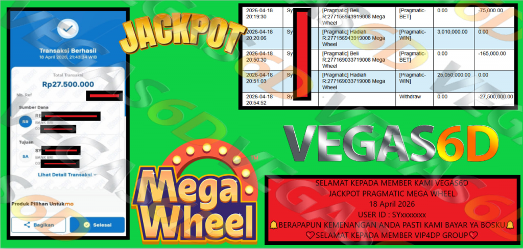 VEGAS6D JACKPOT PRAGMATIC MEGA WHEEL Rp 27.500.000,- LUNAS
